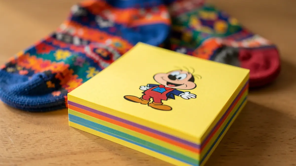 Objets CAP48 : Post-it® à l'effigie de Gaston Lagaffe et chaussettes colorées de l'artiste Nour Ben Slimane.