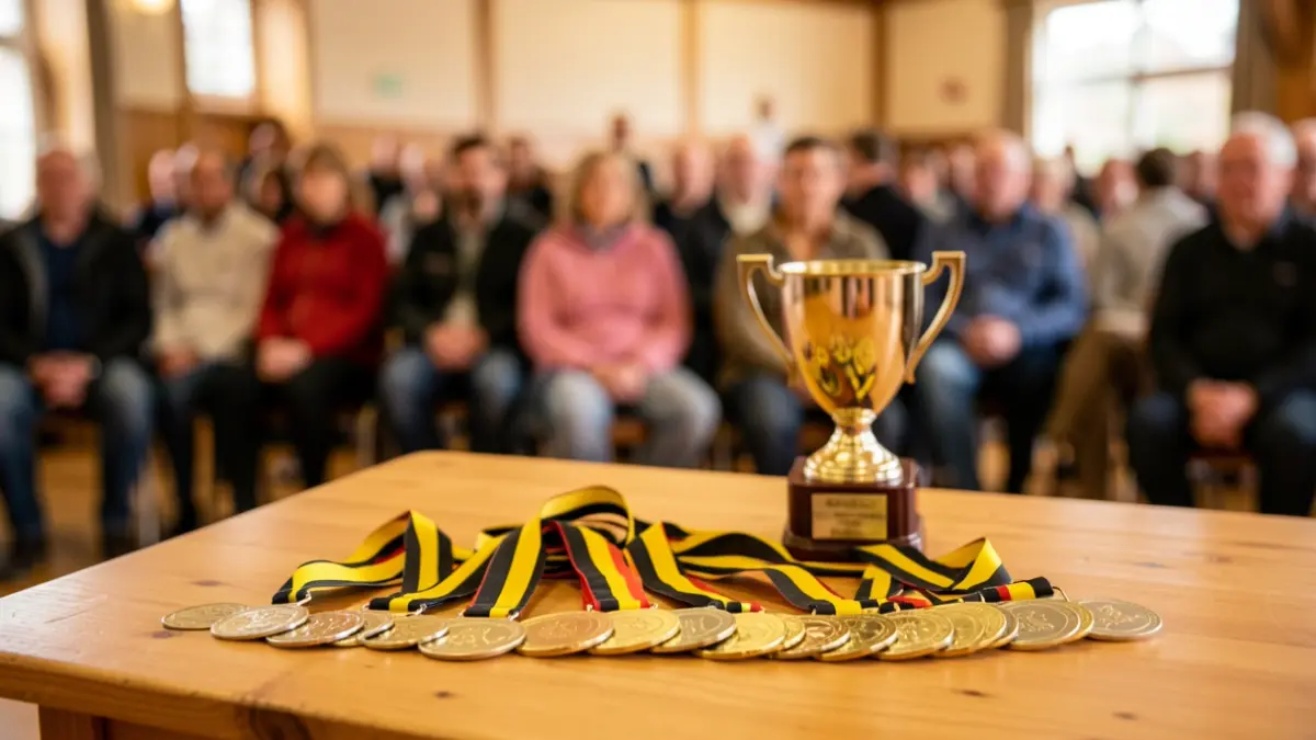 Image générique d'un trophée sportif sur une table en bois, avec un arrière-plan flou d'une salle d'événement. Lumière chaude.