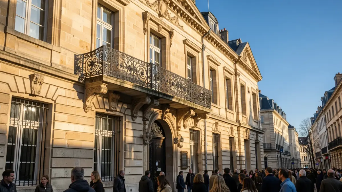 Façade en pierre d'un hôtel de ville de la Province de Liège avec balcon en fer forgé, lumière d'après-midi.