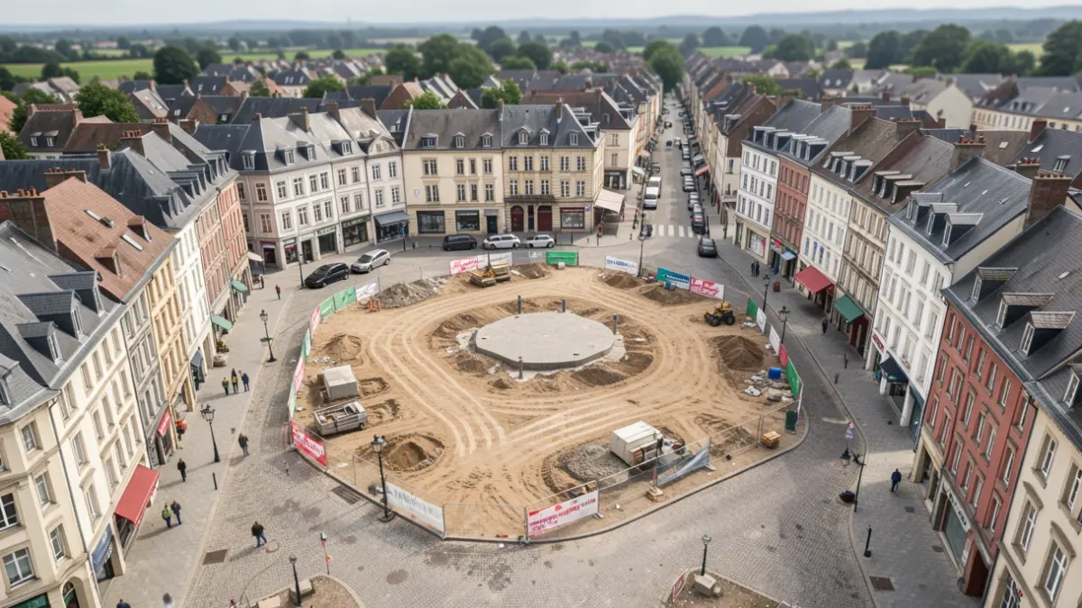 Image générique d'une place en cours de réaménagement dans la Province de Liège, avec des éléments de construction et des bâtiments environnants.
