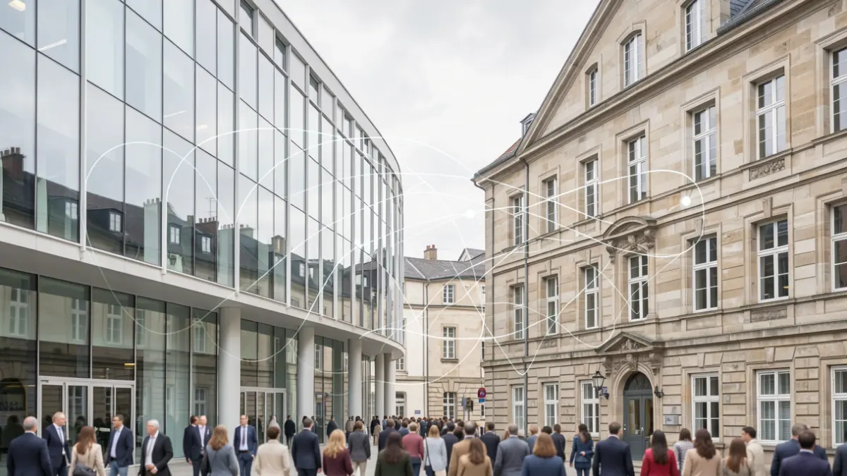 Image générique de deux façades d'hôpitaux distinctes, l'une moderne et l'autre en pierre plus ancienne, avec un léger élément graphique suggérant la connexion. Lumière douce et diffuse.