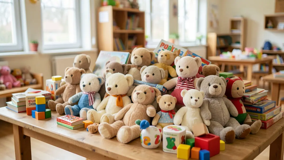 Image générique de jouets propres et en bon état, prêts à être donnés. L'arrière-plan est flou, suggérant un centre communautaire.