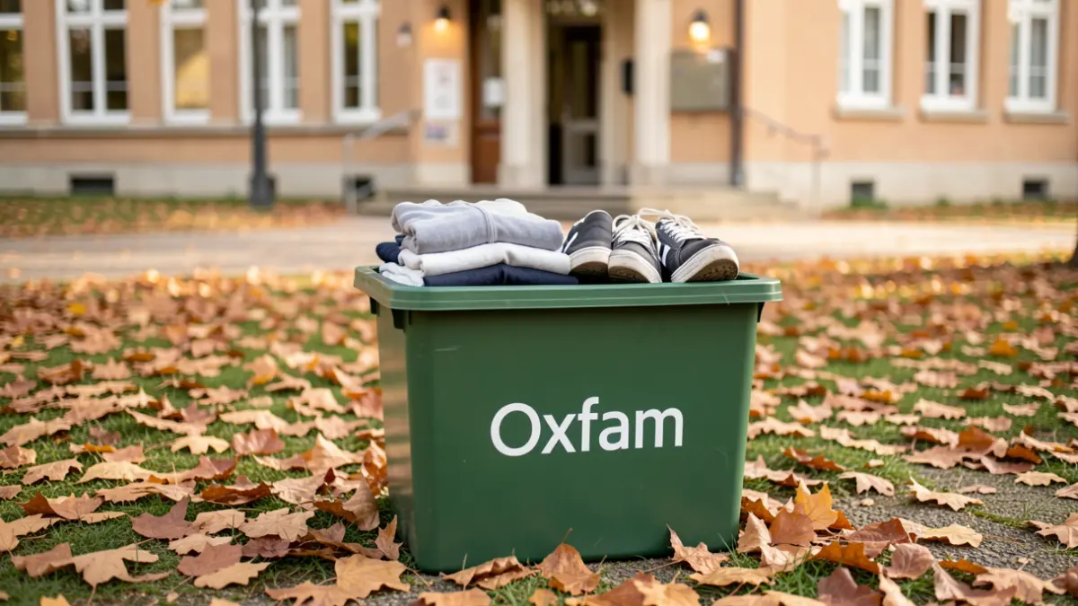 Bulle de collecte Oxfam devant une école communale d'Anthisnes, avec des vêtements et chaussures en bon état.