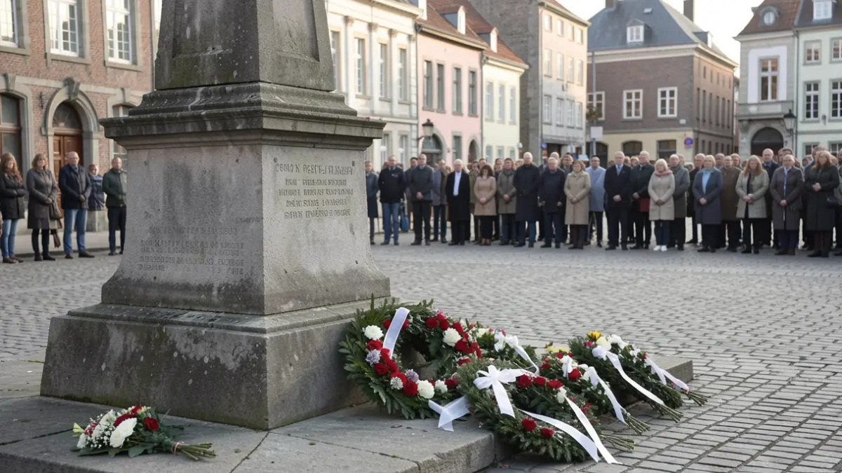 Generic image of a memorial monument in a Belgian village, with flowers and soft light.