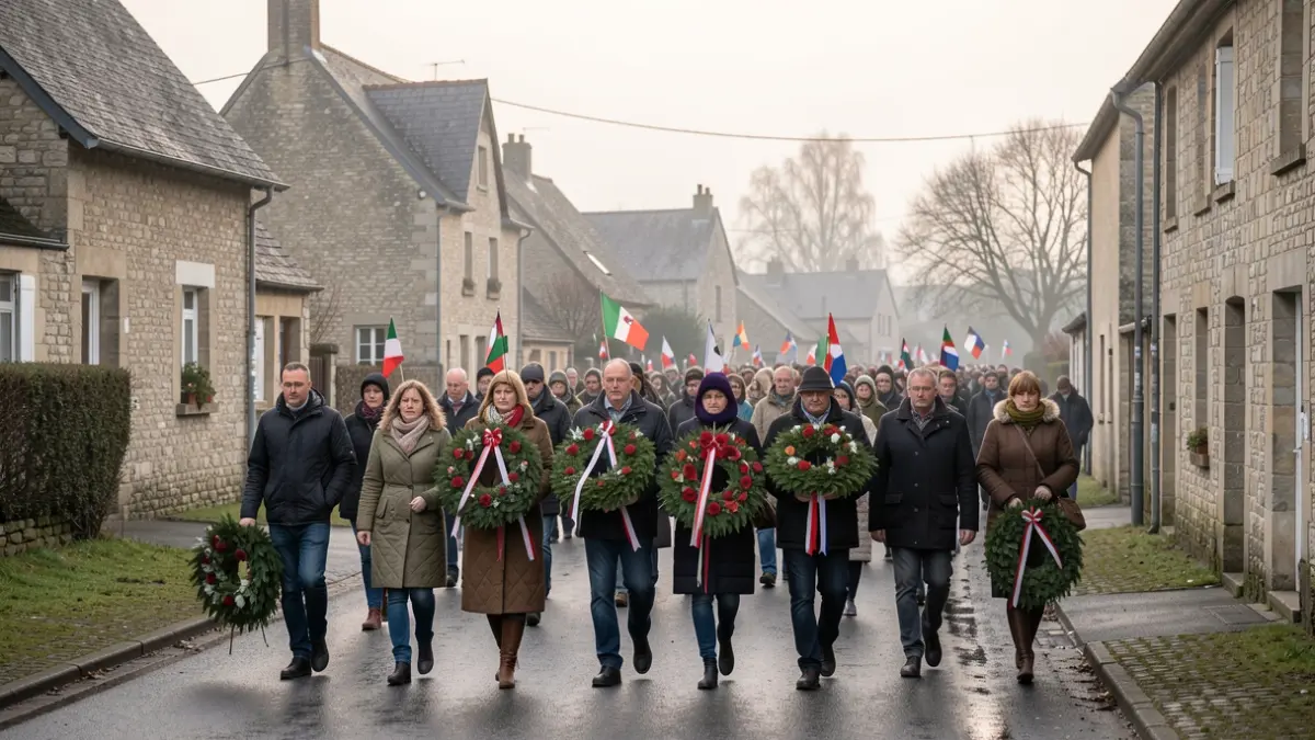 Image générique de personnes participant à une commémoration dans un village belge. Lumière douce et diffuse, style documentaire.