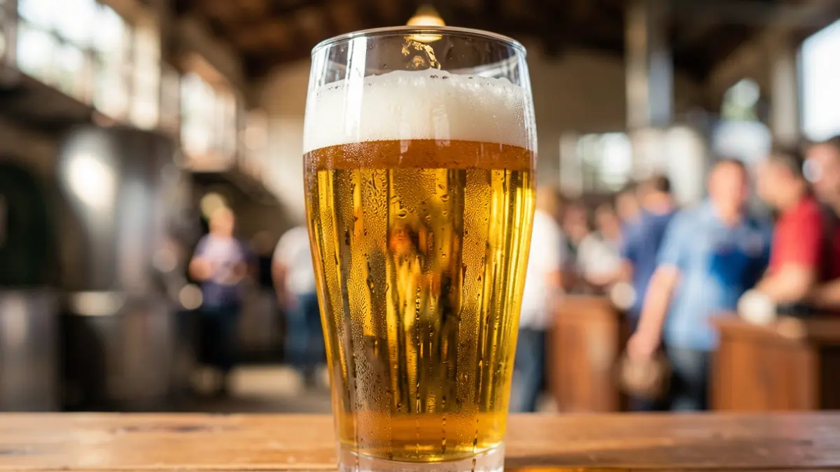 Image générique de verre de bière avec condensation, arrière-plan flou de brasserie ou de compétition.