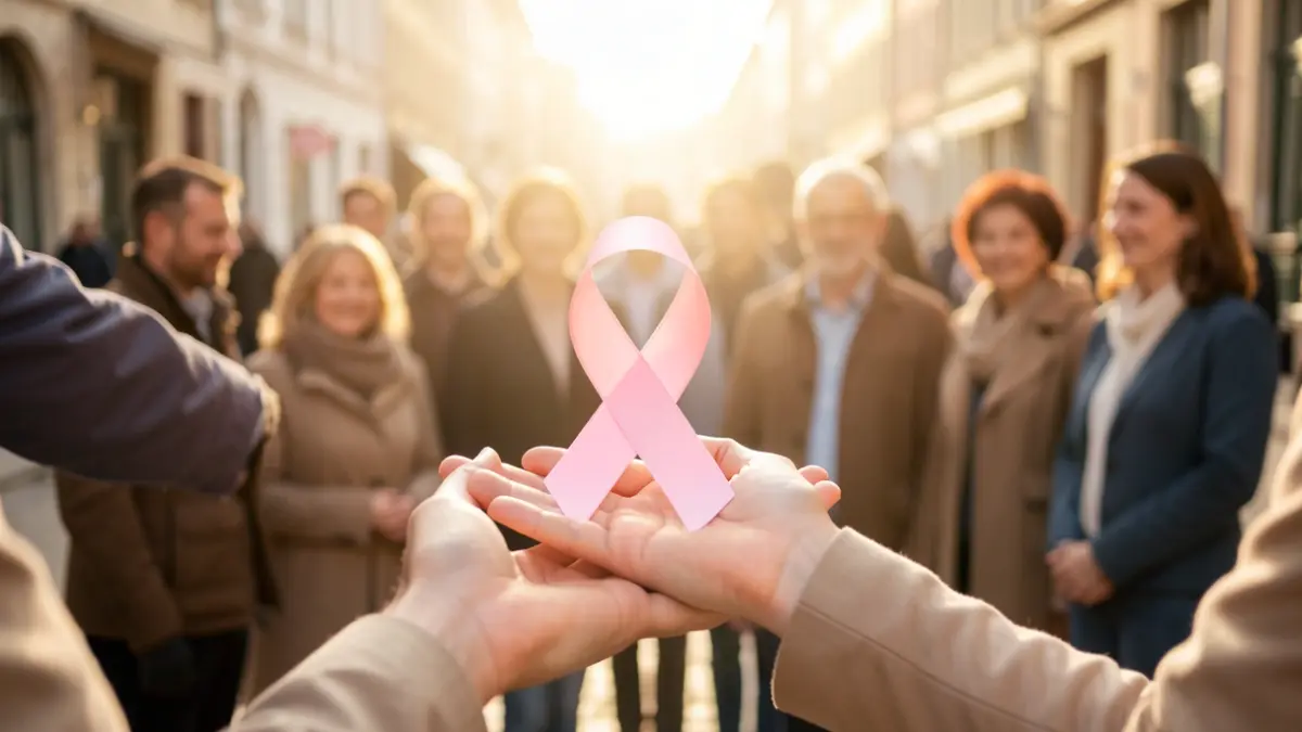 Image générique symbolisant la sensibilisation à la santé et le soutien communautaire, avec des éléments comme un ruban rose ou une lumière douce sur des silhouettes floues.