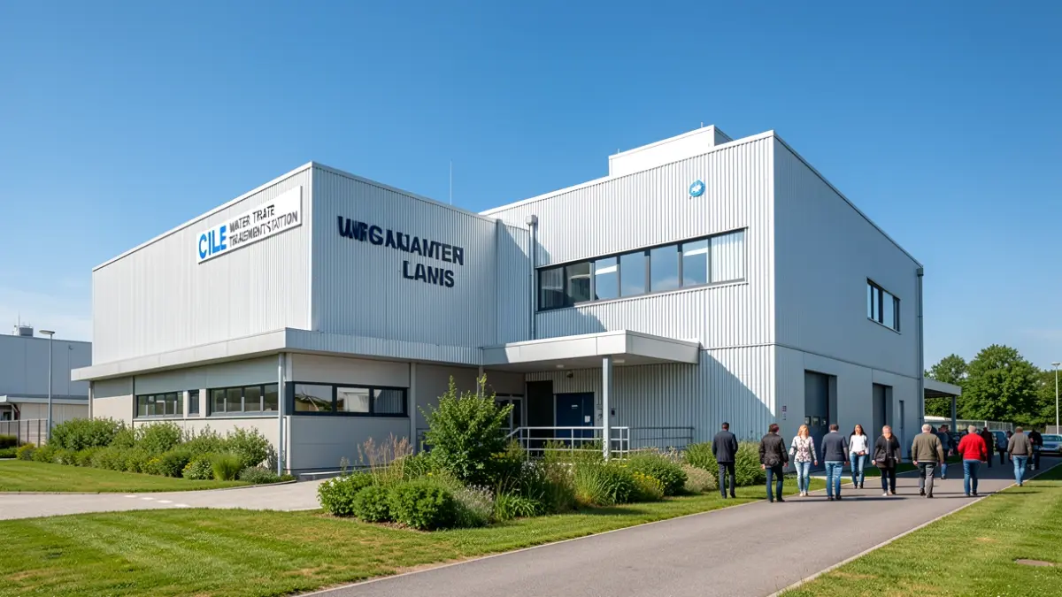 Vue extérieure de la Station de Traitement des Eaux de la CILE à Ans, Belgique, sous un ciel bleu clair avec un aménagement paysager verdoyant. L'architecture est fonctionnelle et moderne, typique des installations industrielles. L'image se concentre sur la façade du bâtiment et ses environs, sans personnes ni texte.
