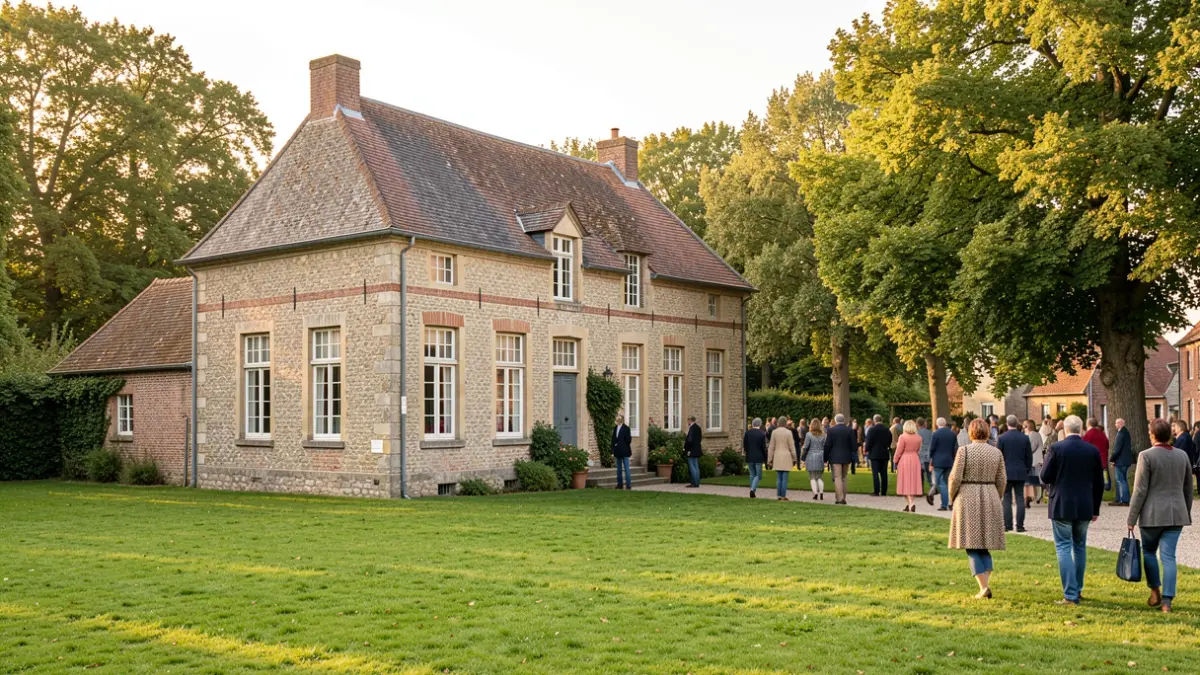 Image générique d'une façade de bâtiment historique en pierre dans un village rural, avec une pelouse et des arbres. Lumière douce de l'après-midi.