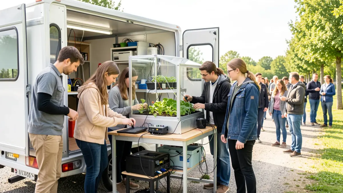 Image générique d'élèves découvrant des métiers techniques dans un camion-salle de classe mobile, travaillant sur un projet de serre automatisée.