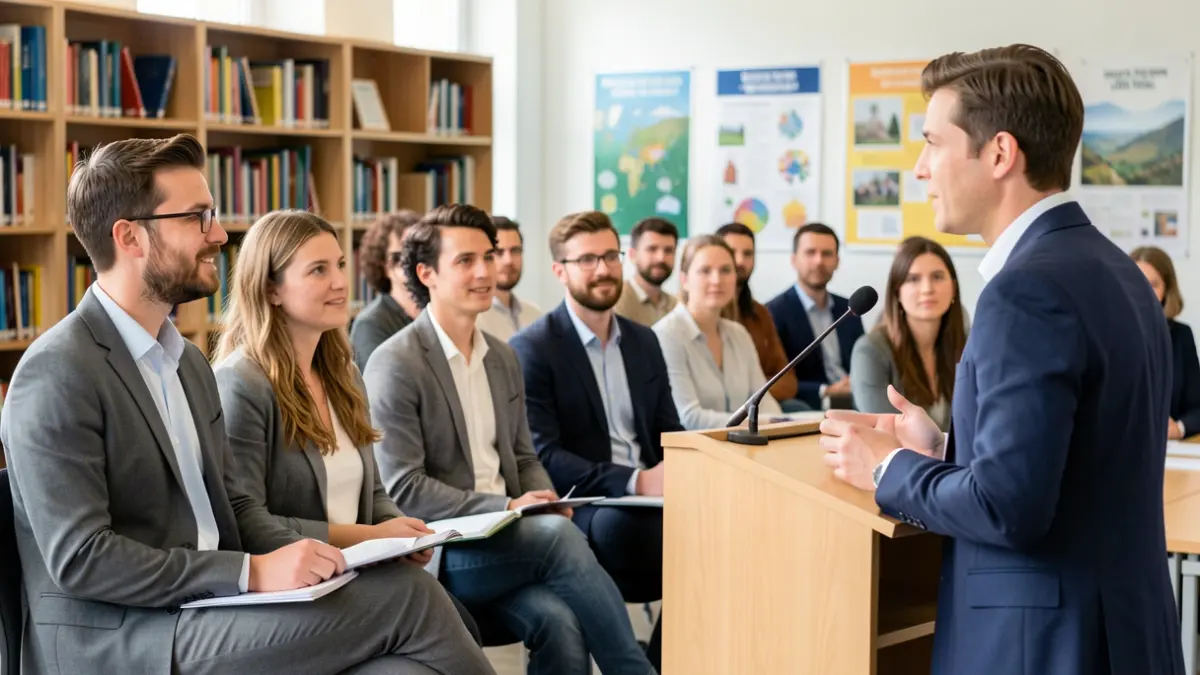 Image générique d'une salle de formation avec des enseignants attentifs et un orateur. Lumière naturelle douce, arrière-plan flou de mobilier éducatif. Contexte de la Province de Liège.