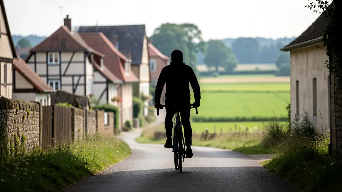 Image générique de cyclisme dans un village belge, mettant l'accent sur le trajet et l'environnement local.