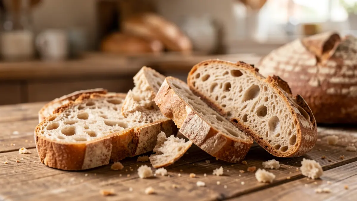 Generic image of old bread pieces artistically arranged on a wooden table.