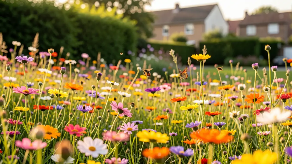 Image générique de prairies fleuries avec des insectes butineurs, sous un soleil doux. Contexte de jardin privé en Province de Liège.