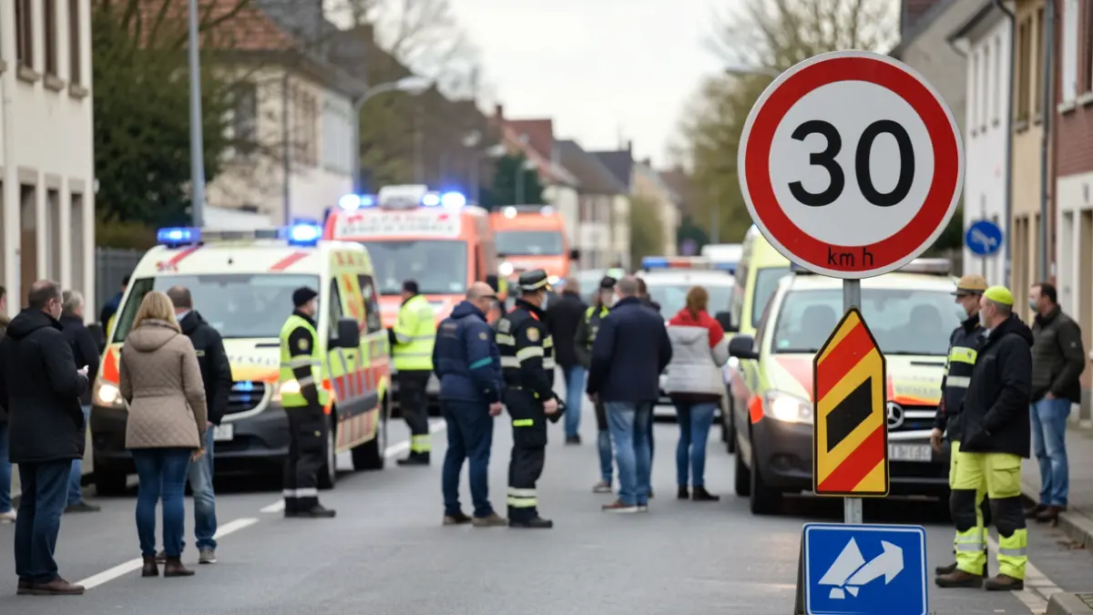 Crisis management exercise in Hannut with emergency vehicles and a temporary speed limit sign.
