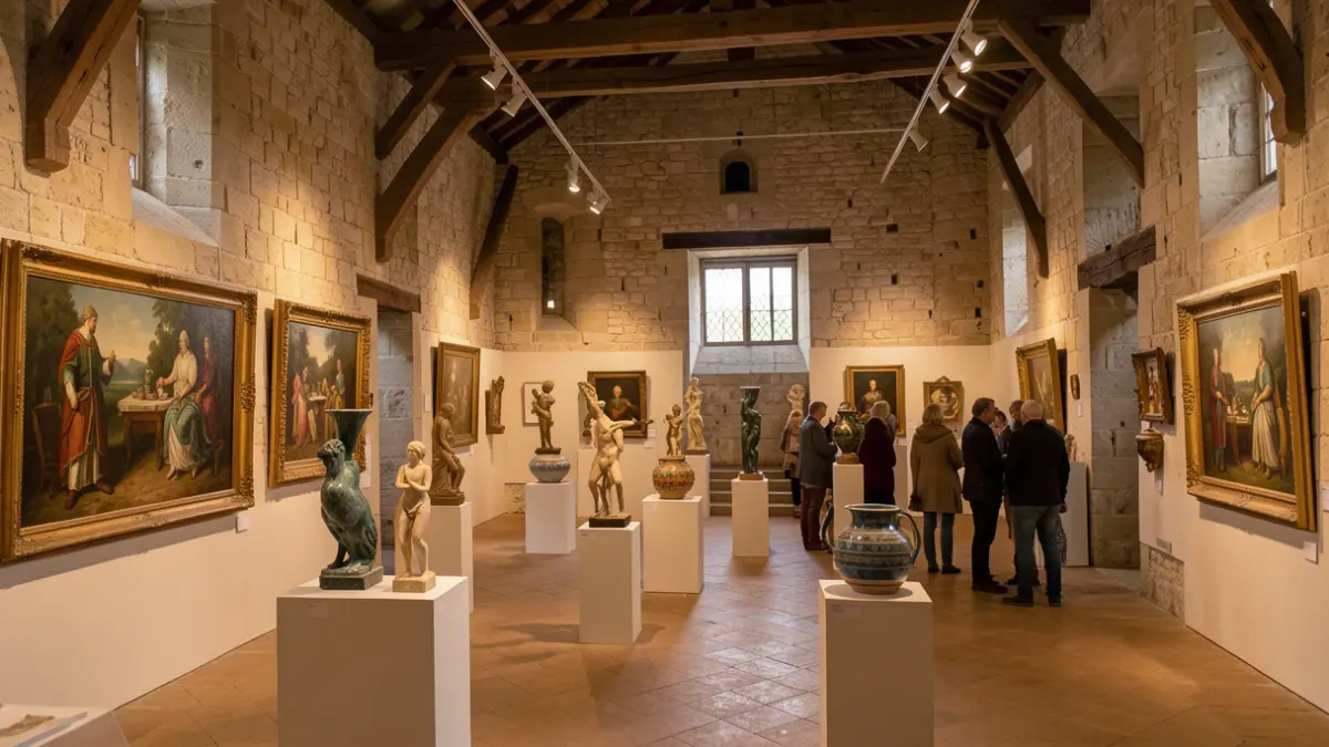 Interior of the Château de Waroux in Ans, Belgium, showcasing a diverse art exhibition with paintings, sculptures, and ceramics displayed under warm lighting. Focus on the artistic creations and the castle's ambiance, avoiding any people or text.