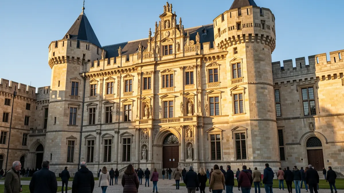 Image générique de la façade d'un château historique en pierre avec des détails ornés, baignée par la lumière chaude de fin d'après-midi.
