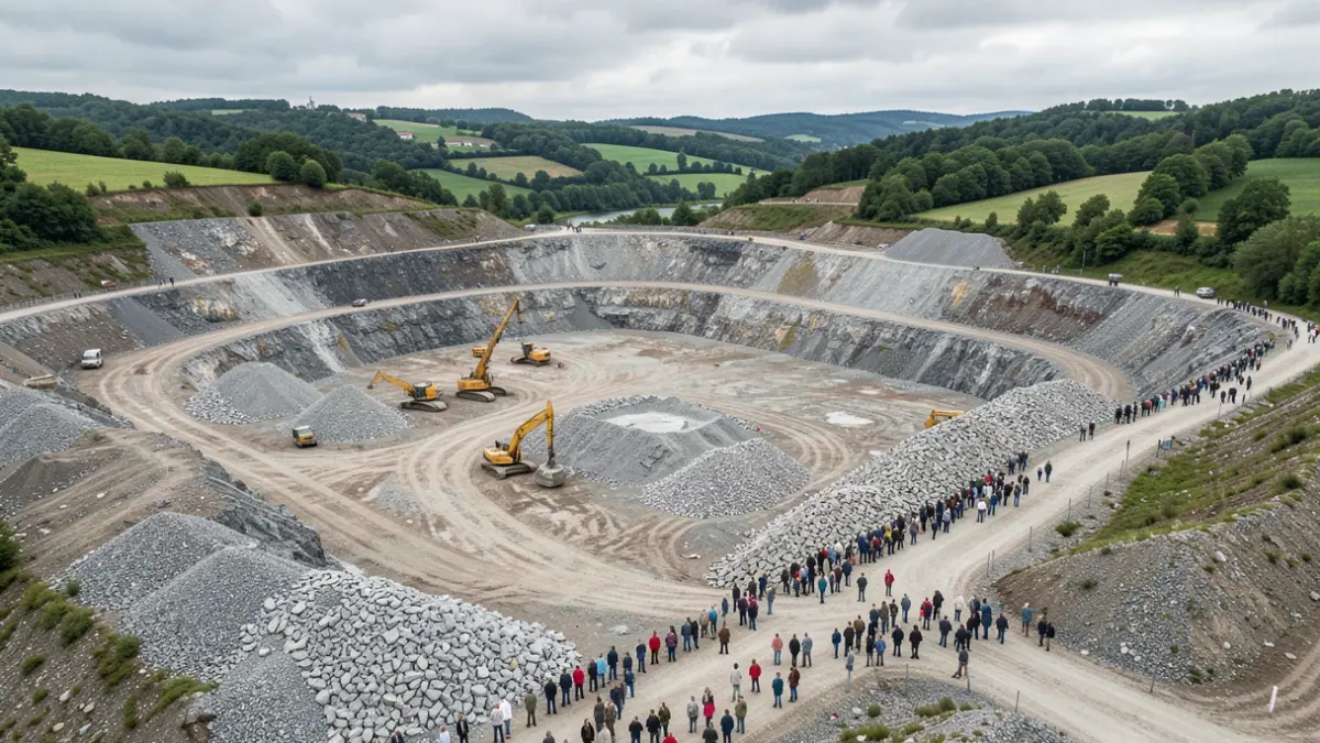 Image générique d'une carrière avec des engins d'extraction et des collines environnantes.