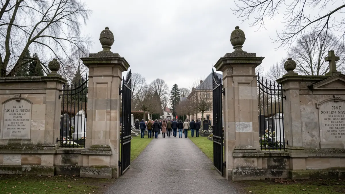 Image générique de la grille d'un cimetière avec un chemin invitant, lumière douce et ciel couvert. Pas de personnes ni de texte.