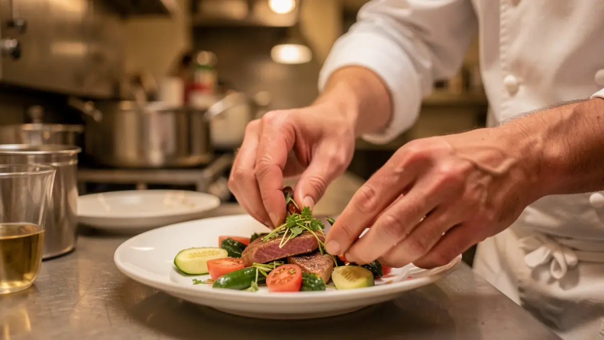 Image générique de mains de chef préparant un plat dans une cuisine professionnelle.