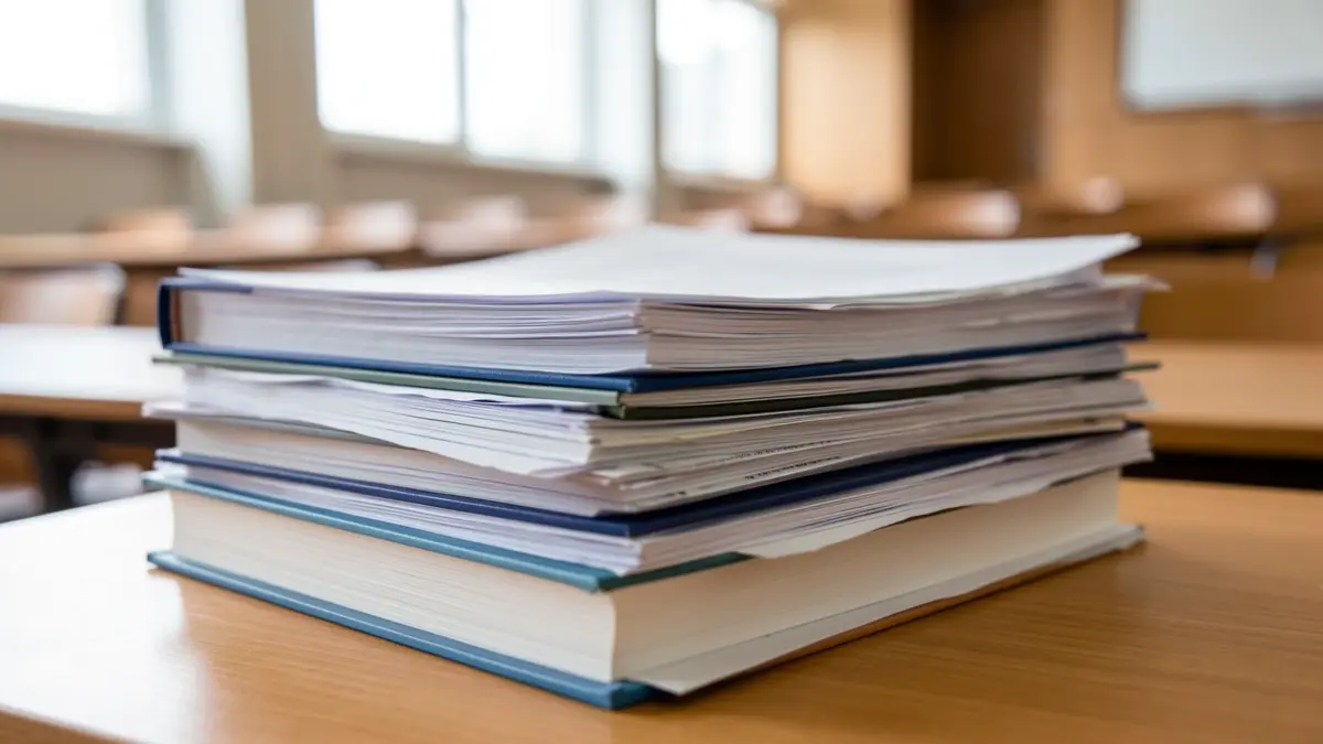 Image générique de livres académiques et de documents sur un bureau, avec un amphithéâtre flou en arrière-plan.