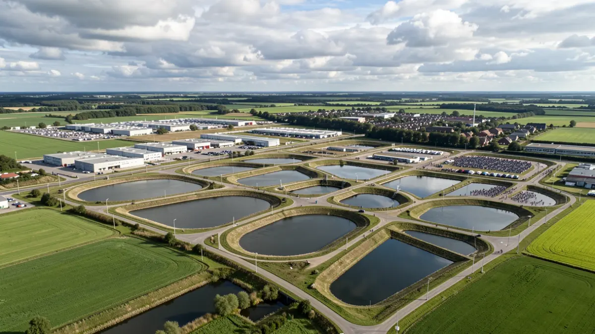 Image générique de vastes infrastructures de gestion des eaux pluviales, avec bassins et canaux, dans un paysage de développement économique sous un ciel couvert typique de la région.
