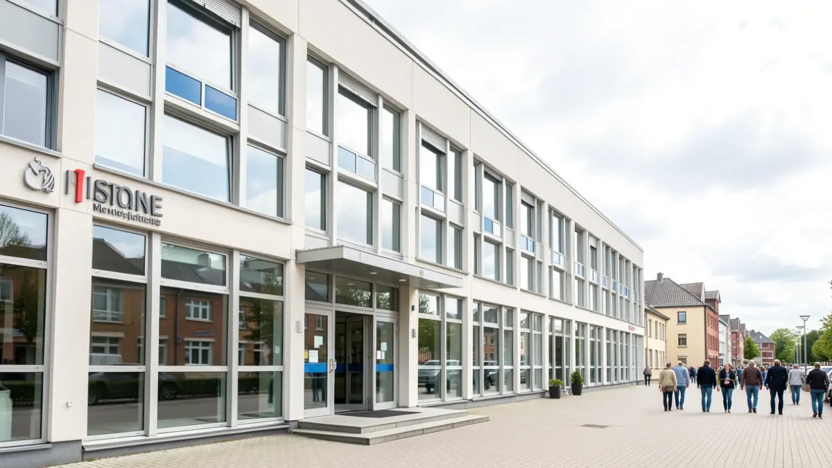 Image générique de la façade d'un bâtiment communal moderne et accessible, sous un ciel couvert typique de Belgique. L'accent est mis sur l'entrée principale.