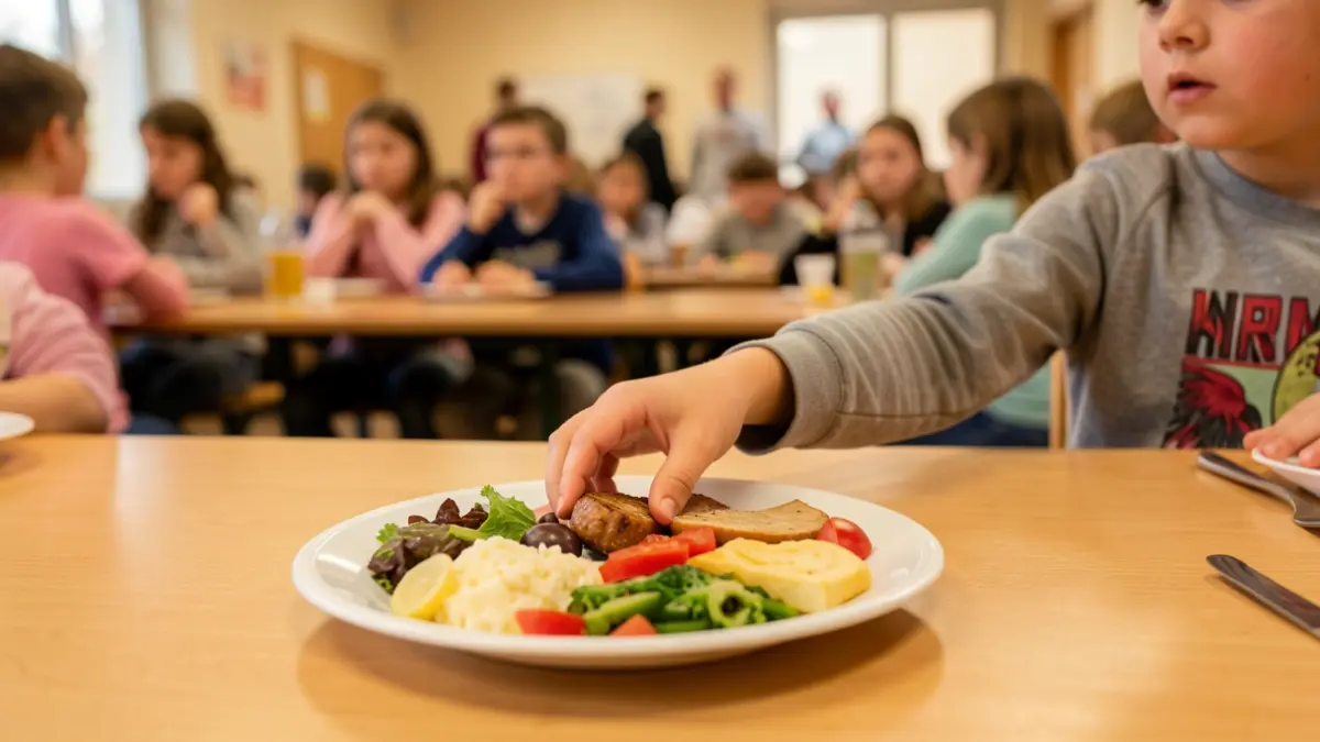 Image générique d'une main d'enfant attrapant un repas sain dans une cantine scolaire, éclairage chaleureux, arrière-plan flou.