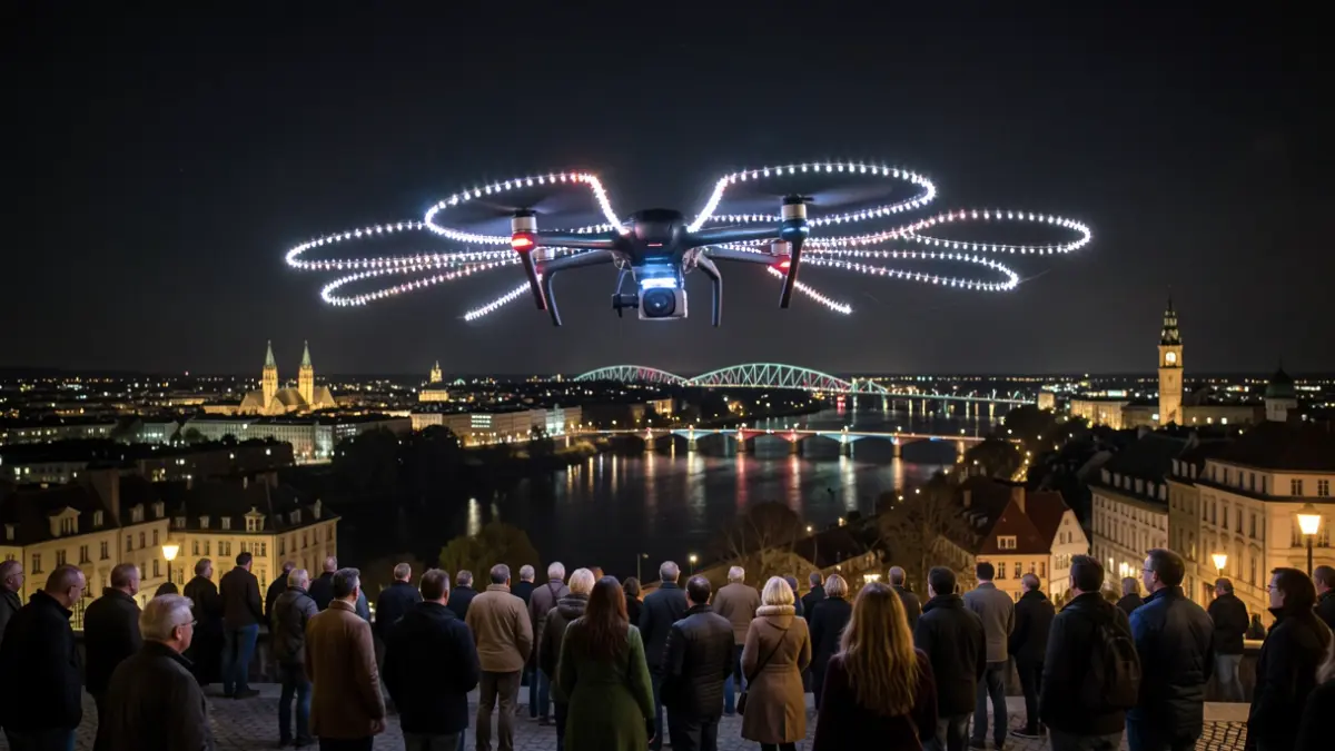 Image générique de drones lumineux au-dessus de la ville de Huy, avec la Meuse en arrière-plan.