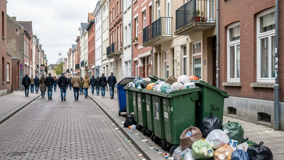 Image générique de poubelles débordant sur le trottoir dans une rue de Huy, Belgique, par temps couvert.