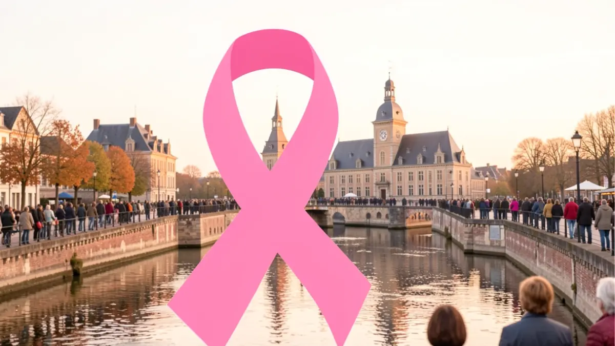 Image symbolique de la mobilisation contre le cancer du sein à Huy, avec des éléments locaux et la couleur rose prédominante.