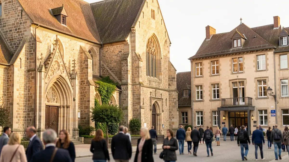Image générique de la façade d'un ancien couvent et d'une maison historique intégrée à un projet hôtelier moderne, lumière d'après-midi.