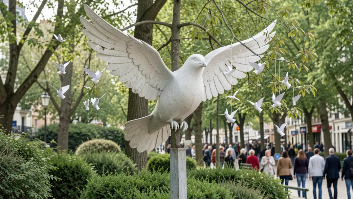 Une sculpture symbolique de colombe de la paix dans un parc, avec des colombes en papier suspendues aux arbres.