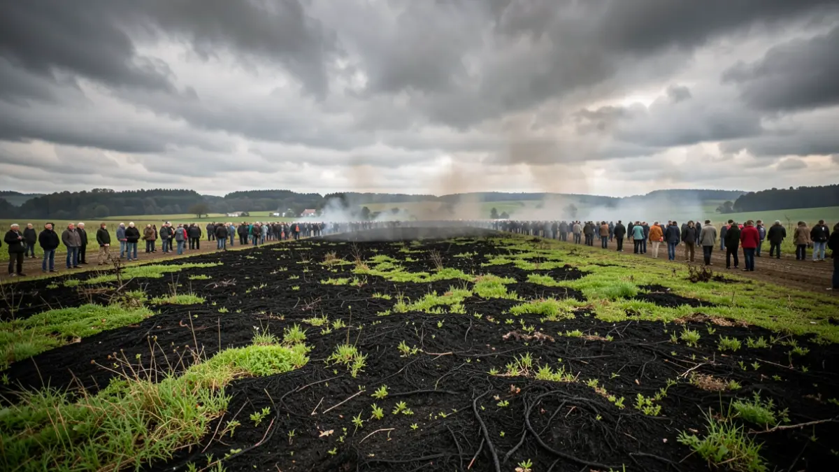Image générique: avec des zones brûlées et des éléments de végétation survivante, sous un ciel couvert.