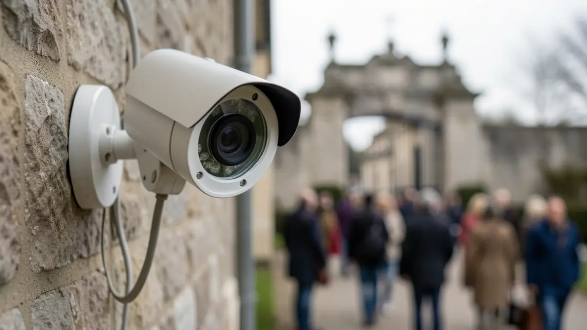 Generic image of a security camera lens mounted on a stone wall, with a blurred cemetery gate in the background, soft overcast lighting.