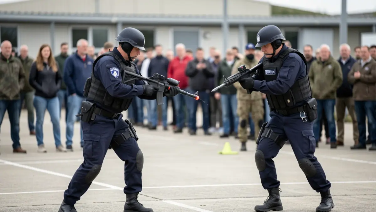 Image générique de policiers en formation, démontrant des manœuvres tactiques avec du matériel non létal comme des tasers, sur un terrain d'entraînement dédié. Mise au point sur l'action et le matériel, avec un arrière-plan flou montrant les installations de formation. Éclairage neutre, style documentaire.
