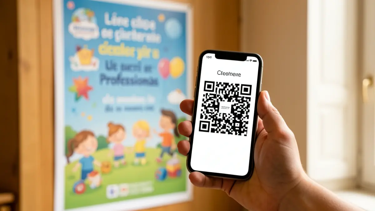 Une main tenant un smartphone affichant un QR code, avec un arrière-plan flou d'une affiche colorée annonçant un événement pour les professionnels de l'accueil de l'enfance. L'affiche présente des illustrations ludiques et du texte en français. Lumière douce et chaleureuse.