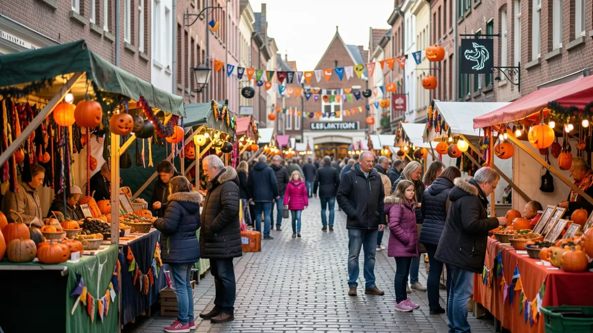 Image générique: décorée pour une fête locale avec des étals et des familles. Lumière chaleureuse.