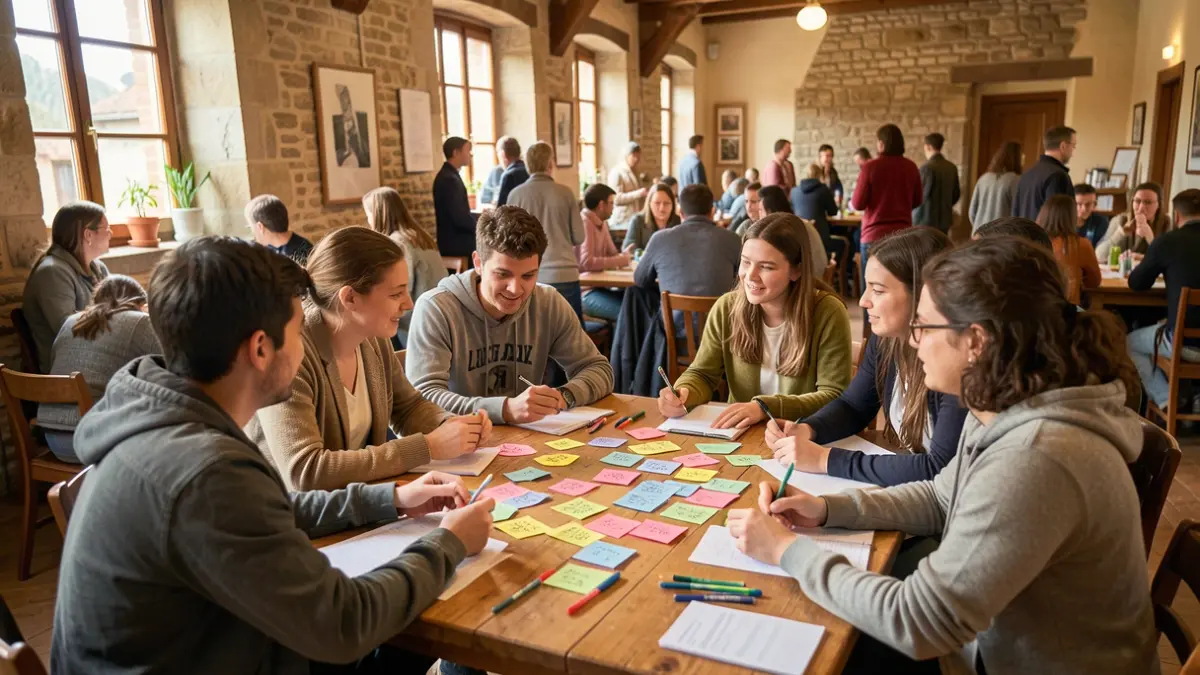Image générique de jeunes adultes et adolescents collaborant autour d'une table dans une salle communale, dans une ambiance chaleureuse et studieuse.