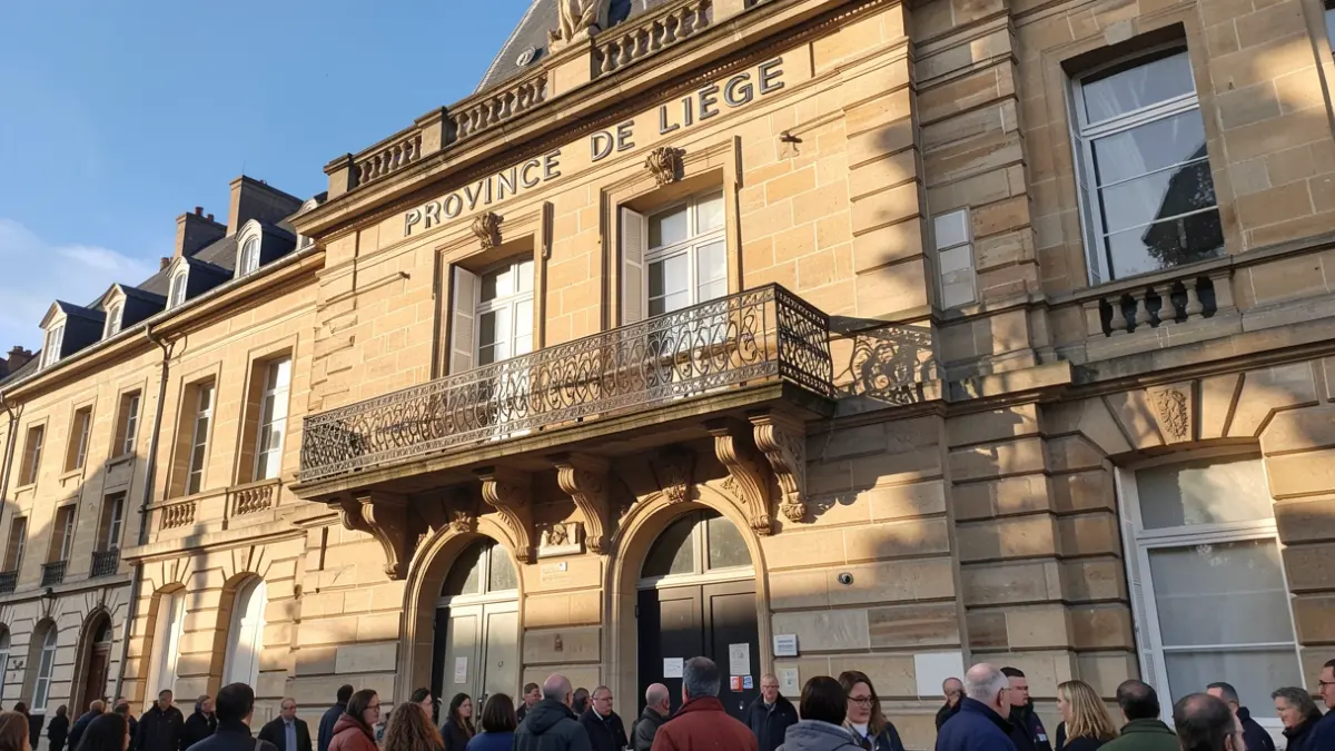 Generic image of a stone facade of a municipal building in the Province of Liège, with an ornate balcony and afternoon lighting.