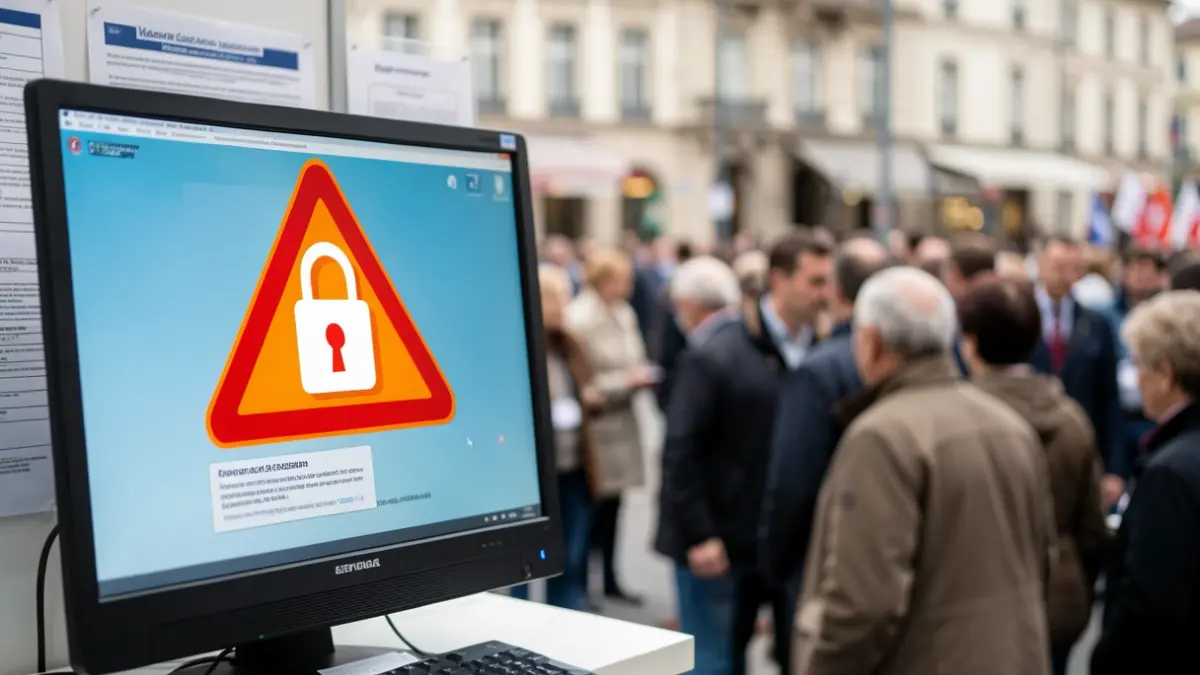 Image générique d'un écran d'ordinateur verrouillé avec un symbole d'alerte et un arrière-plan flou de documents officiels, représentant une alerte de sécurité pour un canal de communication municipal.