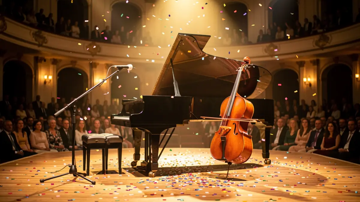 Scène de concert avec piano et violoncelle, éclairée par des projecteurs, avec des confettis au sol.