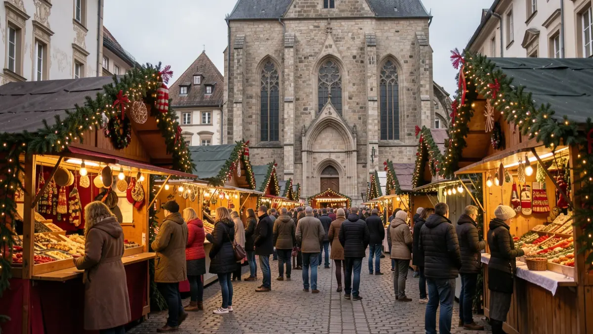 Image générique: avec des étals décorés et une église en arrière-plan.