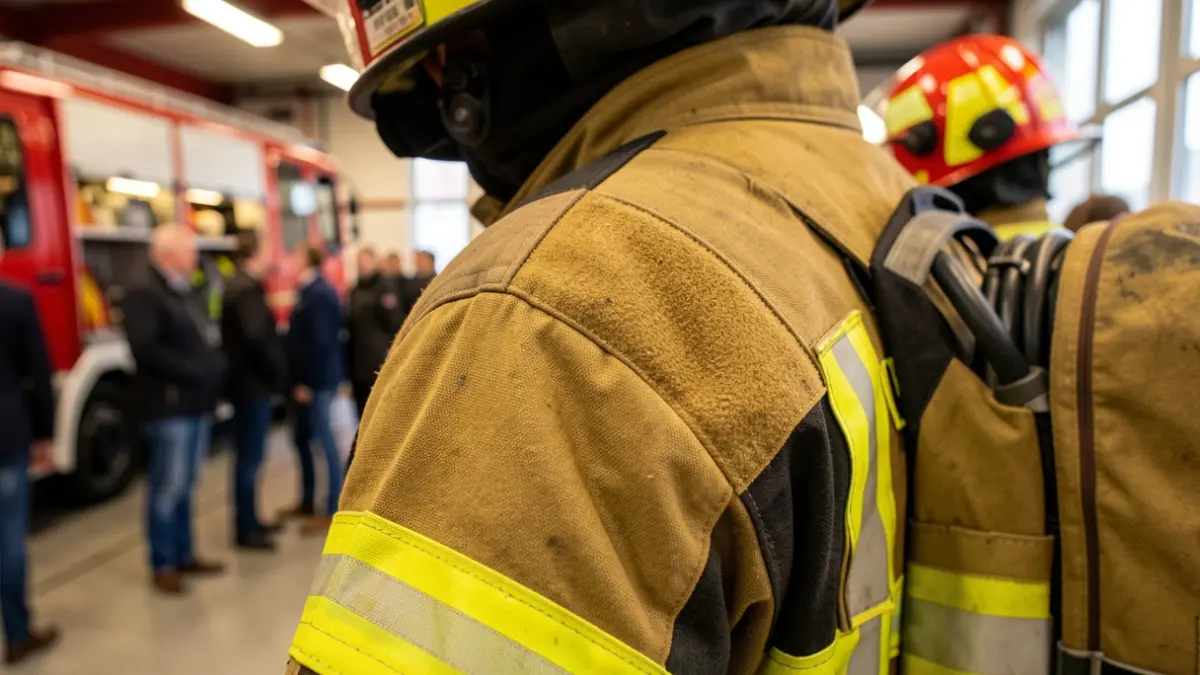 Image générique de vêtements de protection pour pompiers, mettant l'accent sur la texture et les détails techniques. L'arrière-plan est flou et représente l'intérieur d'une caserne.