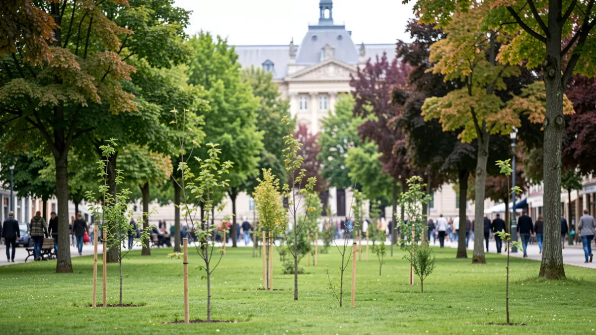 Image générique de la façade d'un bâtiment communal de style européen avec un parc arboré diversifié au premier plan, sous une lumière douce de fin d'après-midi.