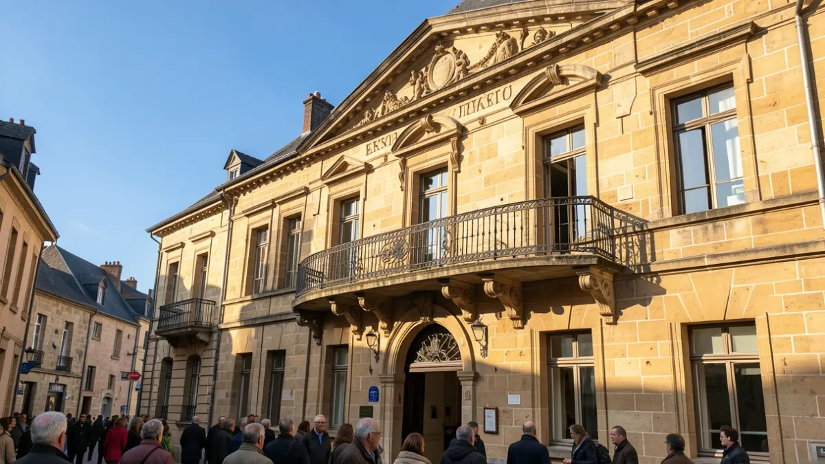 Image générique de la façade d'un bâtiment communal en pierre, avec un balcon orné et un ciel bleu.