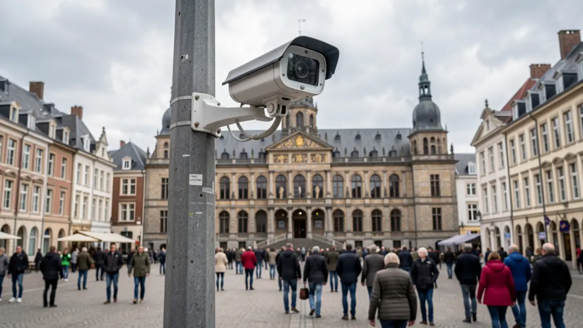 Caméra de surveillance mobile déployée sur la place du marché de Huy, avec l'Hôtel de Ville en arrière-plan.