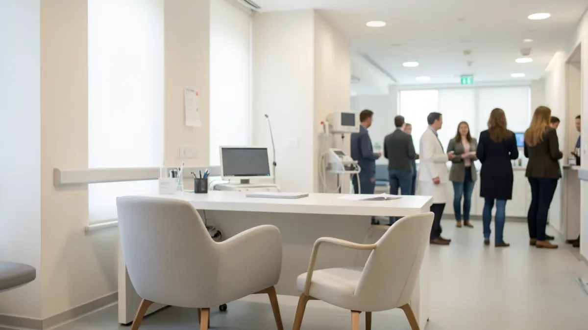 Image générique d'un centre médical moderne avec un éclairage doux. Une salle de consultation avec une chaise confortable et un bureau est mise en avant, suggérant un environnement accueillant et professionnel. Aucune personne n'est visible.