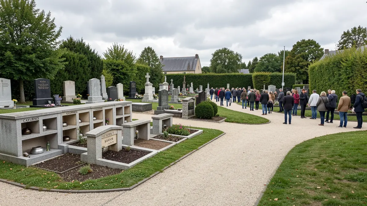 Image d'un cimetière à Verviers avec des aménagements récents pour les urnes cinéraires et une zone multiconfessionnelle rénovée.