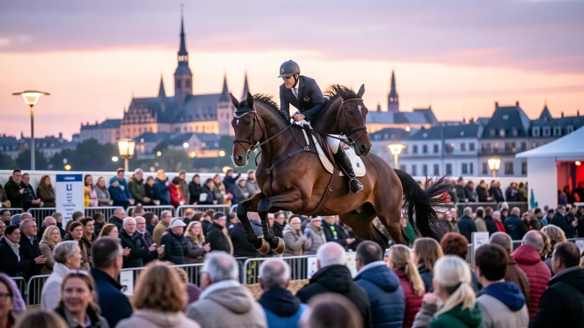 Image générique d'un événement équestre international à Liège, avec des chevaux et des cavaliers en action devant le paysage urbain de la ville.